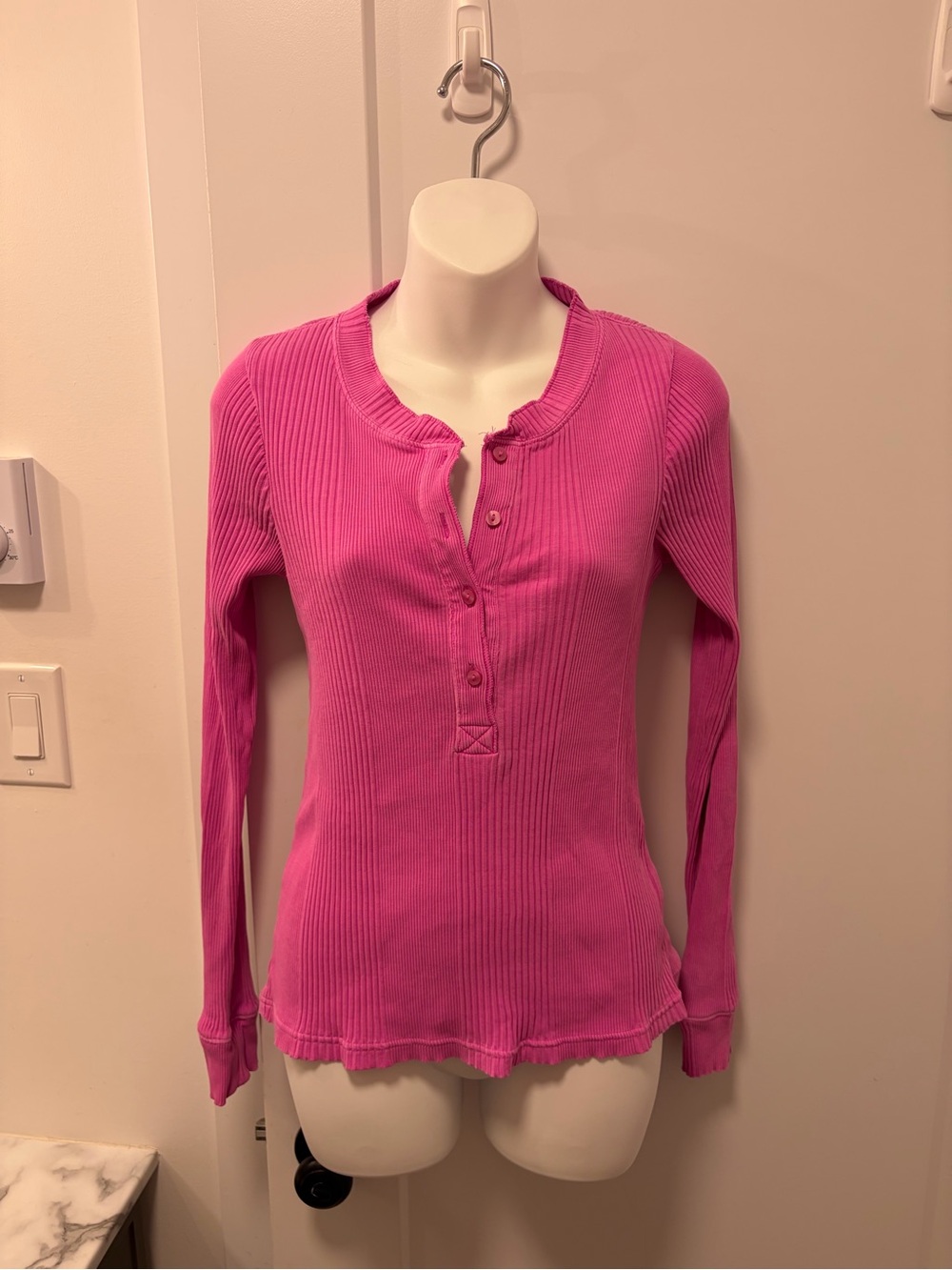 aerie Pink Ribbed Henley Long Sleeve Top